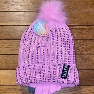 Justice Sparkly Pink Kids Hat with Pom Pom
